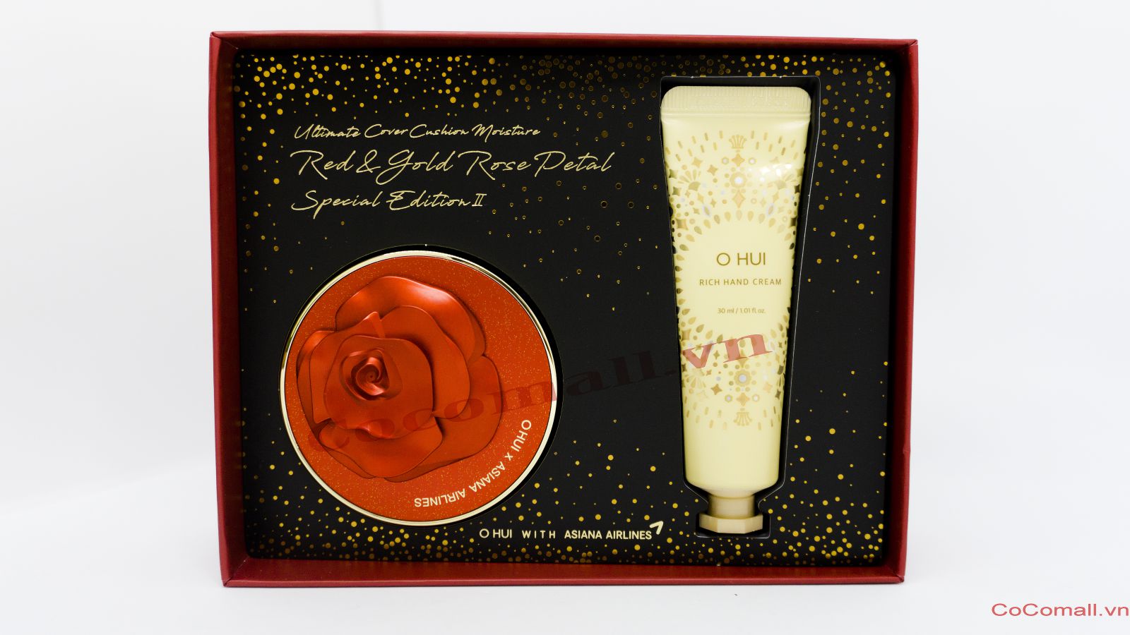 Set Phấn Nước + Kem Dưỡng Tay Ohui Ultimate Cover Cushion Moisture Red & Gold Rose Petal Special Edition II